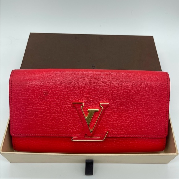 ♥️ Louis Vuitton Wallet Capucine Taurillon Leather Red Long with Box Chain Sarah - Picture 5 of 16
